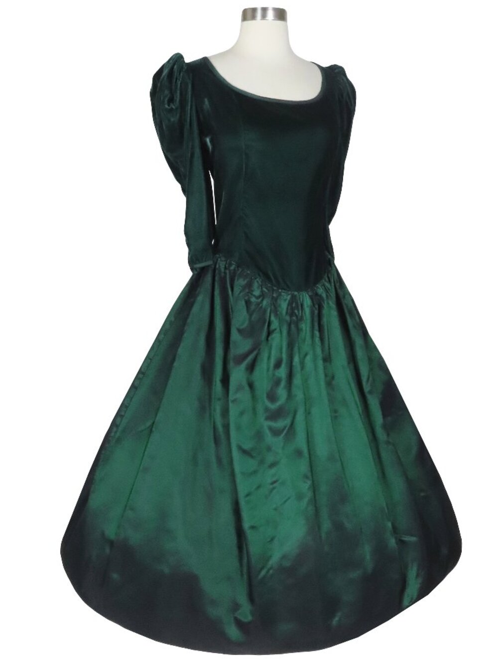 Vintage 80s Green Velvet Half Puff Sleeve Taffeta Full Skirt Prom Party Dress S